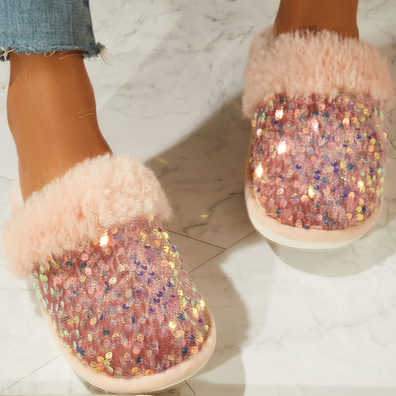 Shiny Warm Faux Fur Mule Slipper Furry Soft Slip on Shoes
