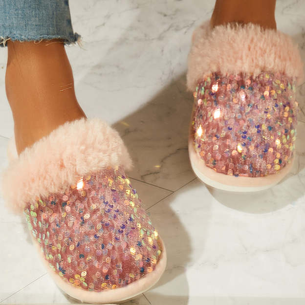 Shiny Warm Faux Fur Mule Slipper Furry Soft Slip on Shoes