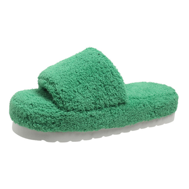 Open Toe Faux Fur Flat Slippers Soft Warm Slip on Furry Slippers