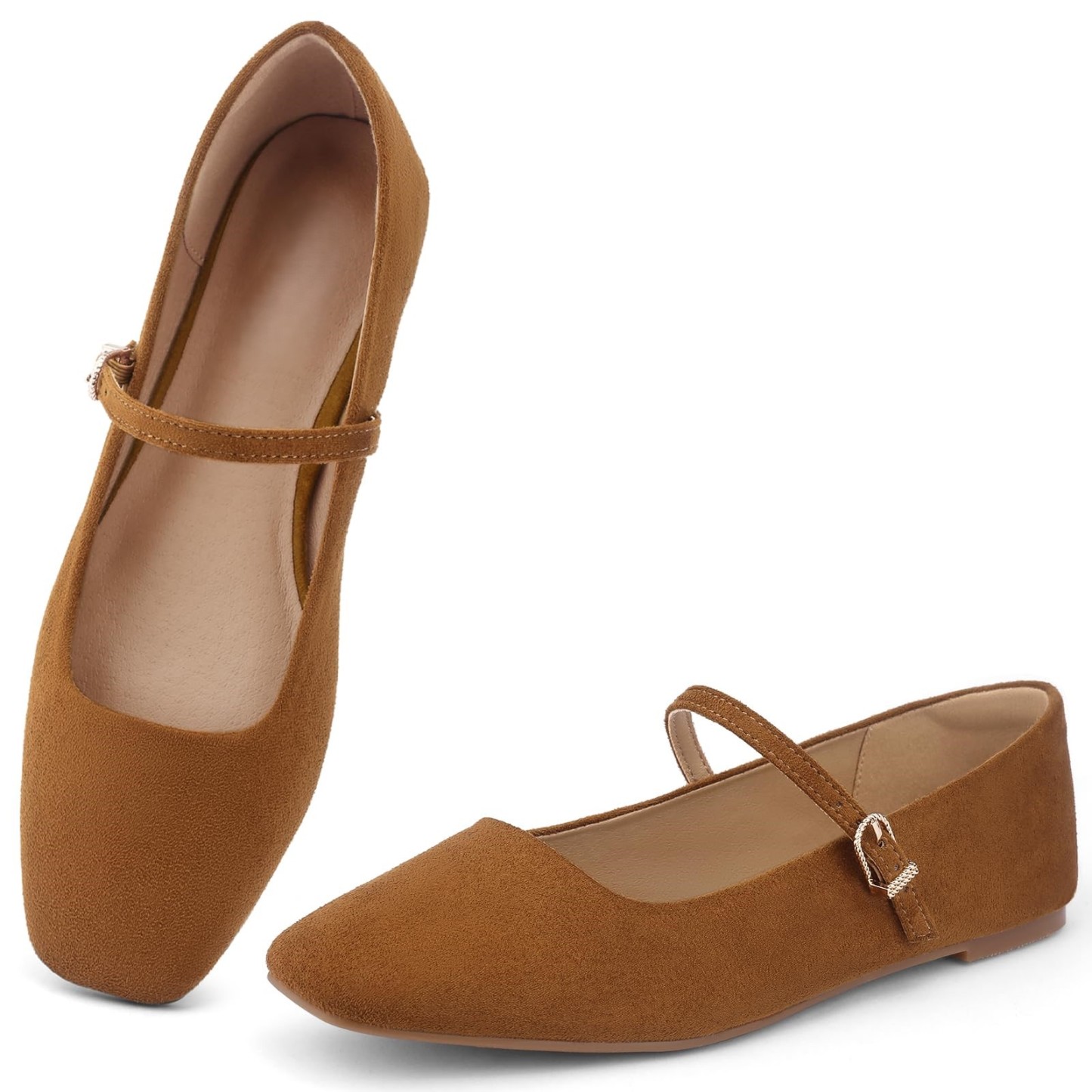 Ballet Mary Jane Flats Shoes - Comfortable Square Closed Toe Shoes with Latex Insole and Adjustable Strap 
