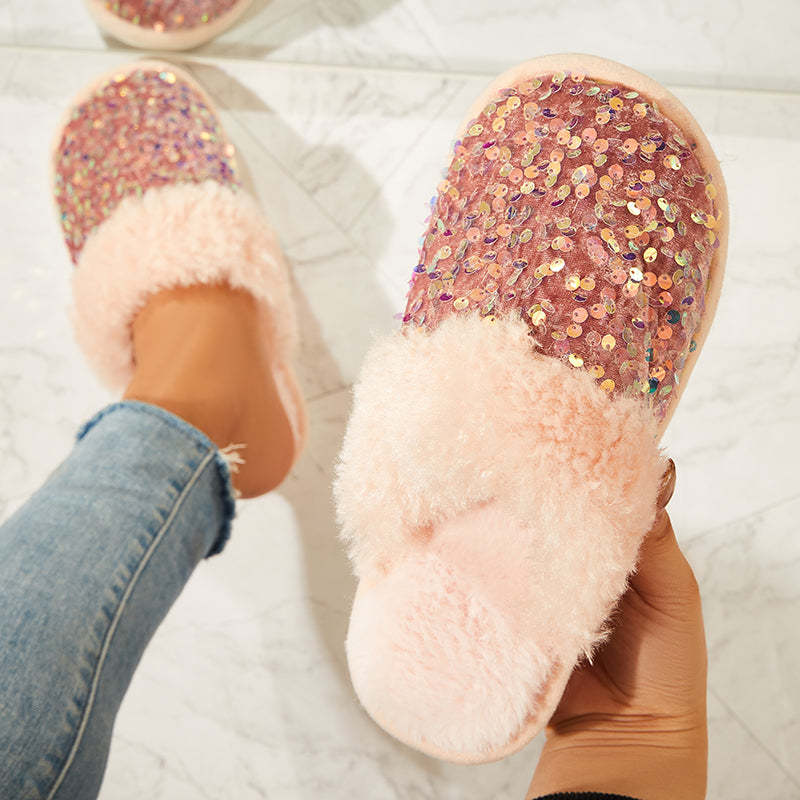 Shiny Warm Faux Fur Mule Slipper Furry Soft Slip on Shoes