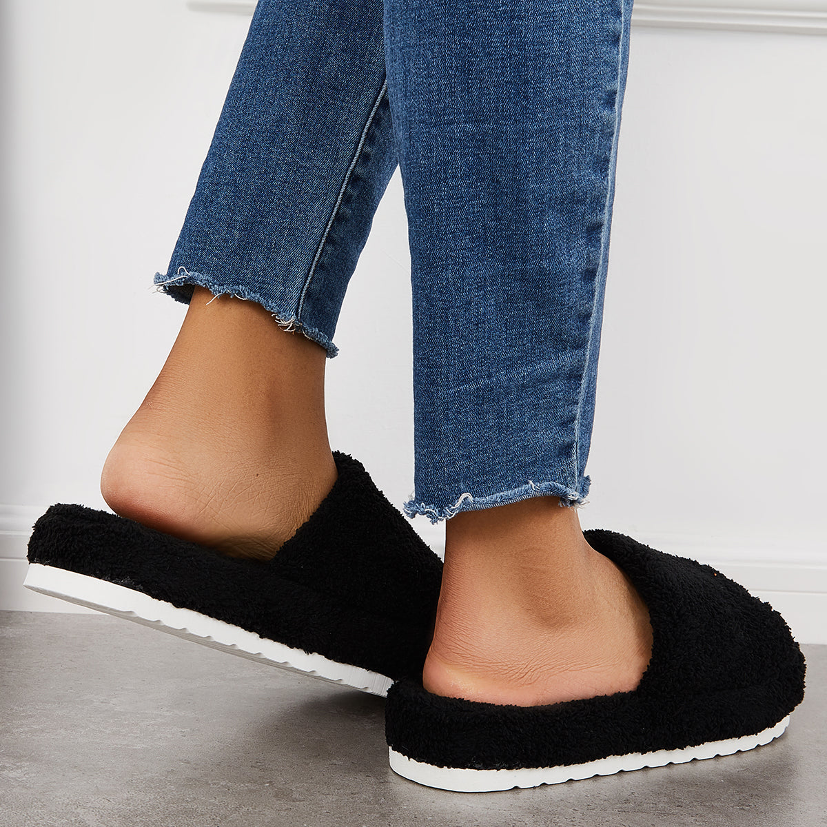 Open Toe Faux Fur Flat Slippers Soft Warm Slip on Furry Slippers
