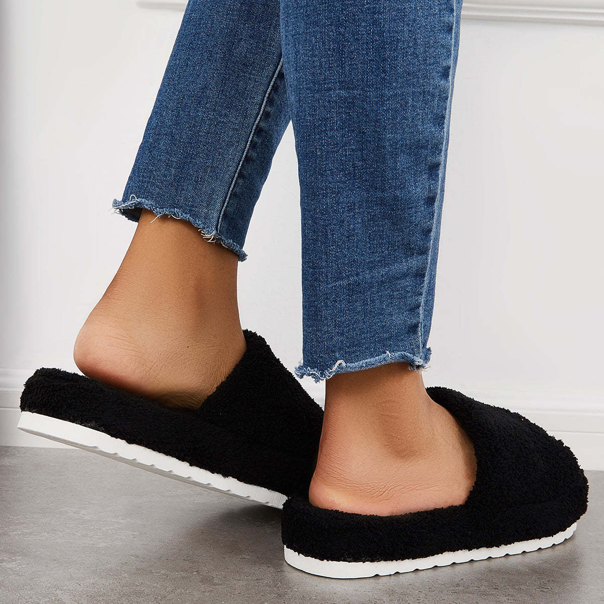 Open Toe Faux Fur Flat Slippers Soft Warm Slip on Furry Slippers
