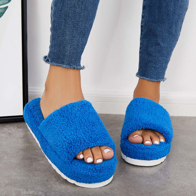 Open Toe Faux Fur Flat Slippers Soft Warm Slip on Furry Slippers