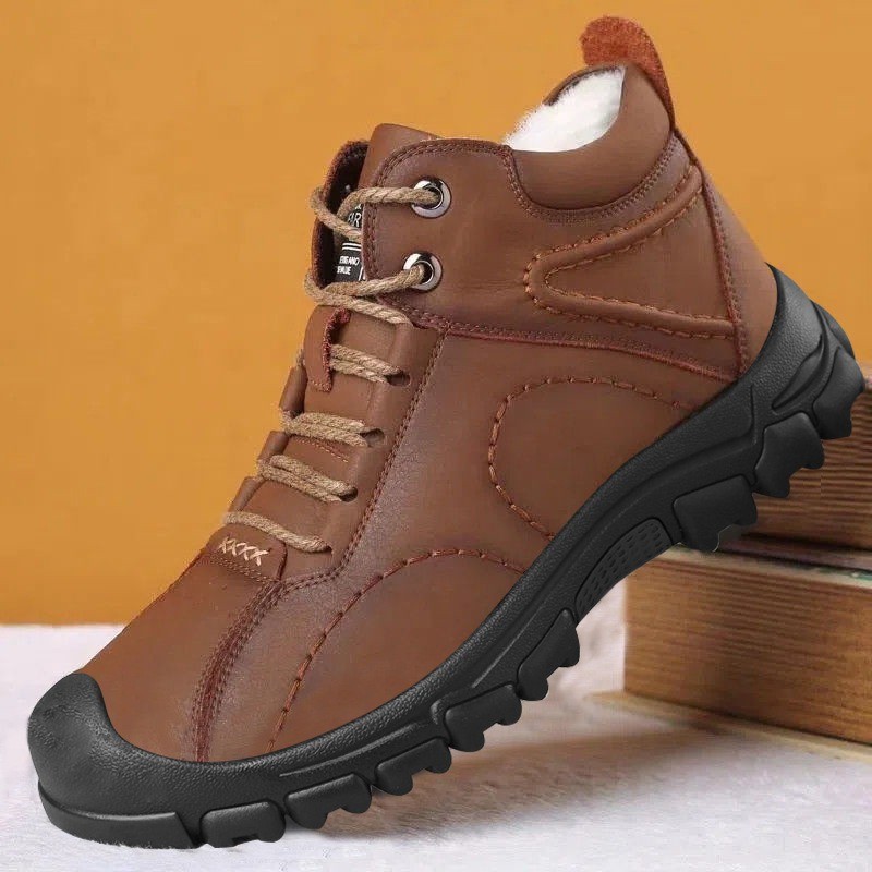 Men's Leather Winter Snow Boots - Warm Fur Lined Waterproof Sneakers 