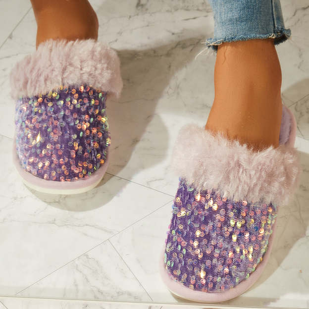 Shiny Warm Faux Fur Mule Slipper Furry Soft Slip on Shoes