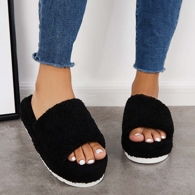 Open Toe Faux Fur Flat Slippers Soft Warm Slip on Furry Slippers