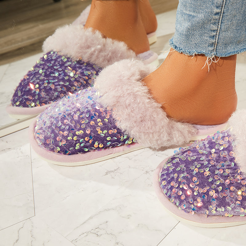 Shiny Warm Faux Fur Mule Slipper Furry Soft Slip on Shoes