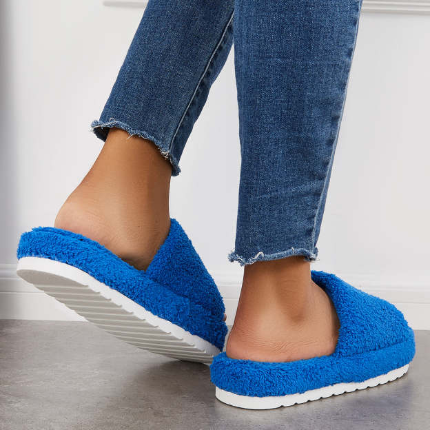 Open Toe Faux Fur Flat Slippers Soft Warm Slip on Furry Slippers