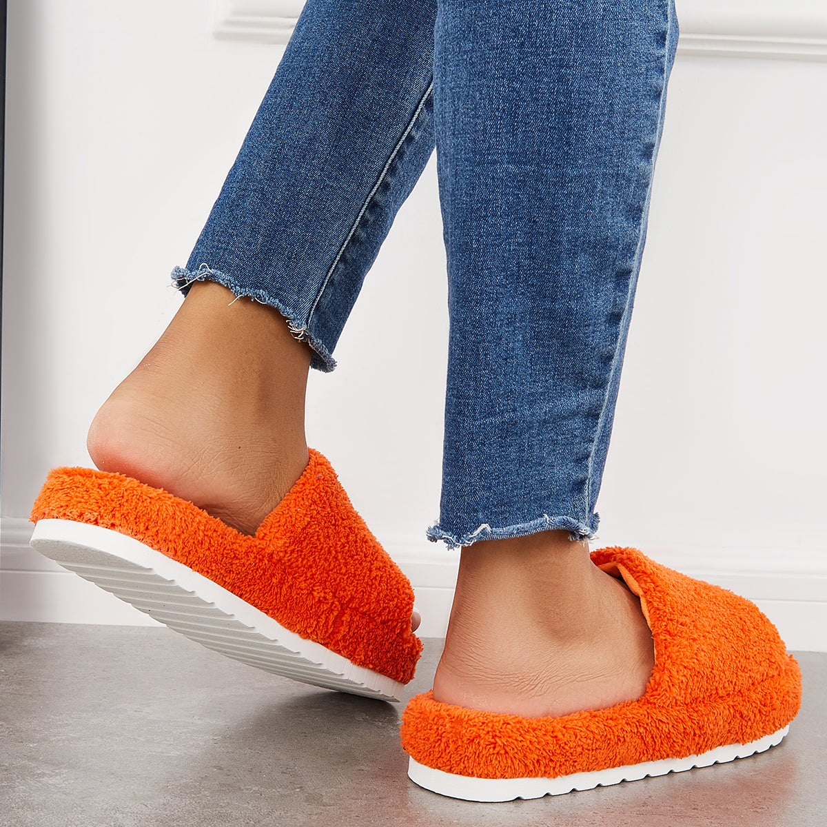 Open Toe Faux Fur Flat Slippers Soft Warm Slip on Furry Slippers