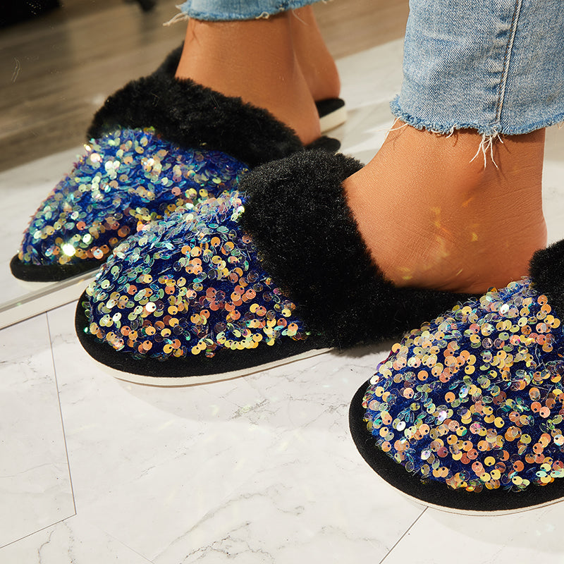 Shiny Warm Faux Fur Mule Slipper Furry Soft Slip on Shoes