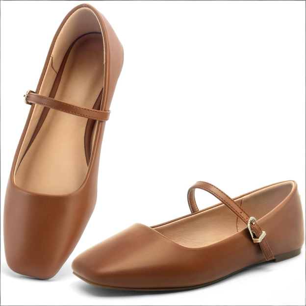 Ballet Mary Jane Flats Shoes - Comfortable Square Closed Toe Shoes with Latex Insole and Adjustable Strap 