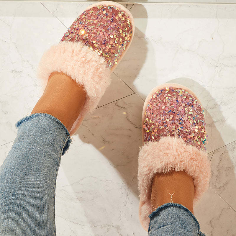 Shiny Warm Faux Fur Mule Slipper Furry Soft Slip on Shoes