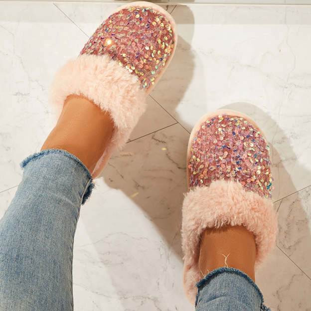 Shiny Warm Faux Fur Mule Slipper Furry Soft Slip on Shoes