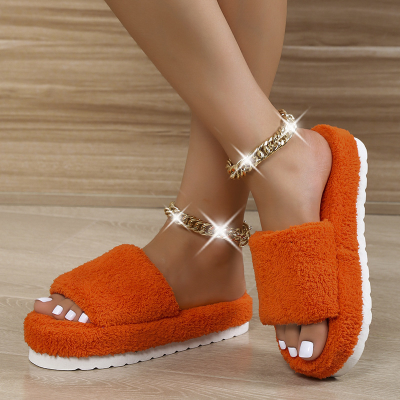 Open Toe Faux Fur Flat Slippers Soft Warm Slip on Furry Slippers