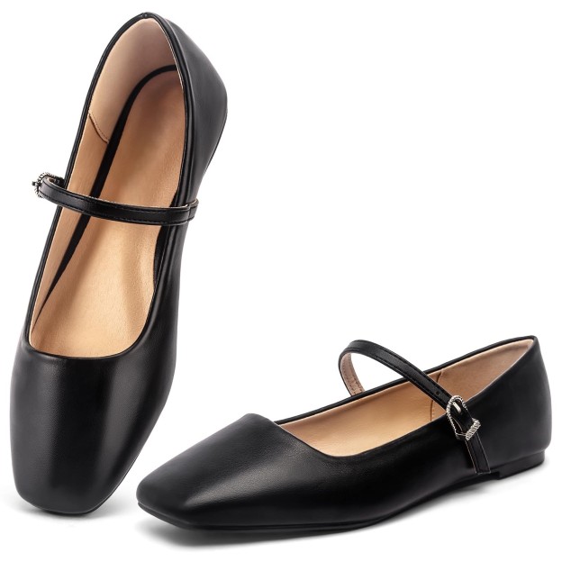 Ballet Mary Jane Flats Shoes - Comfortable Square Closed Toe Shoes with Latex Insole and Adjustable Strap 