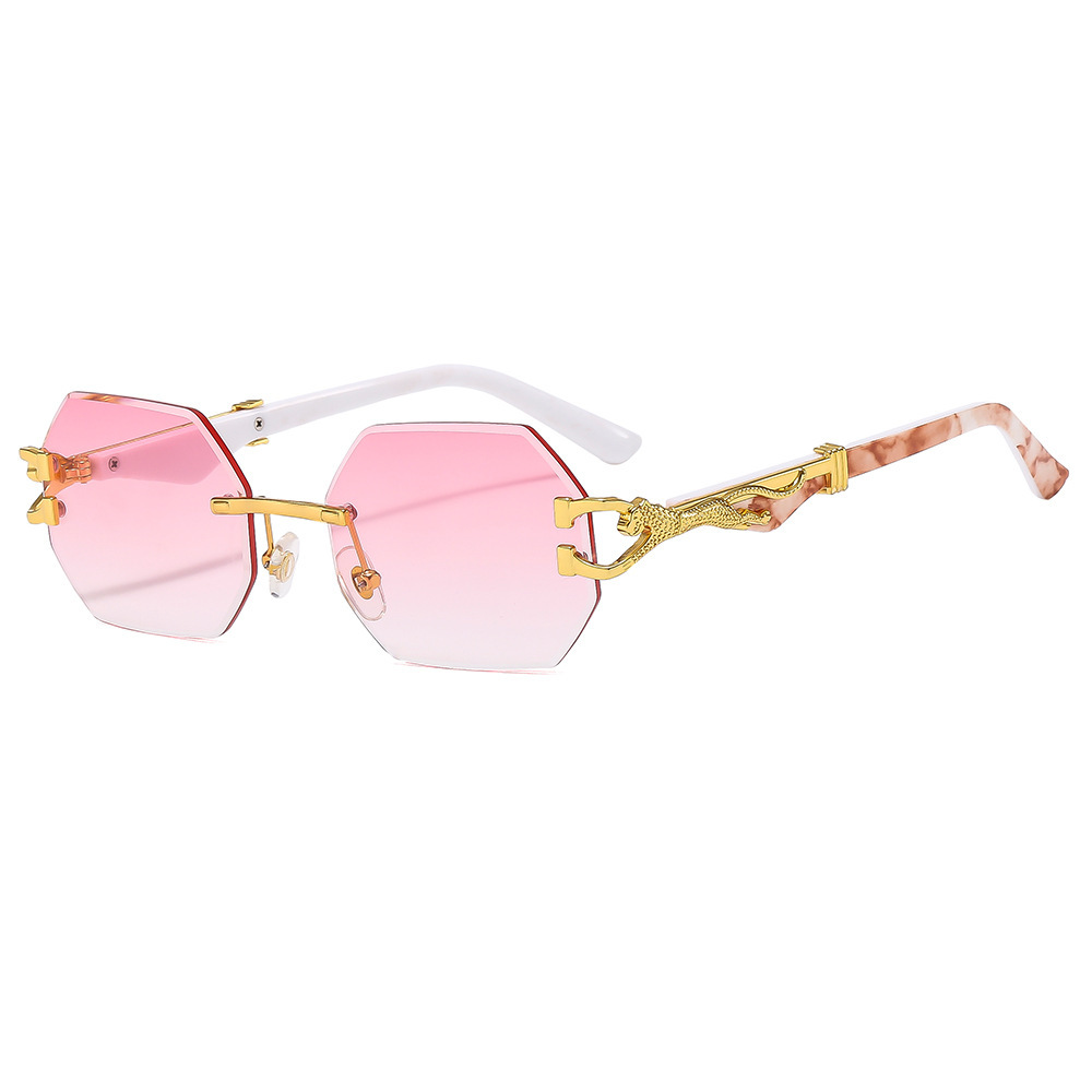 VINTAGE RIMLESS POLYGONAL METAL LEOPARD SUNGLASSES