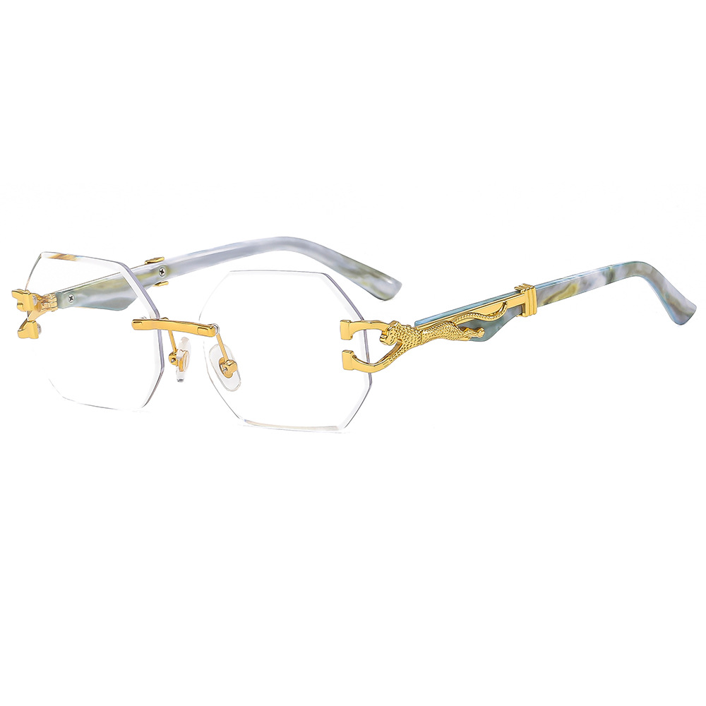 VINTAGE RIMLESS POLYGONAL METAL LEOPARD SUNGLASSES
