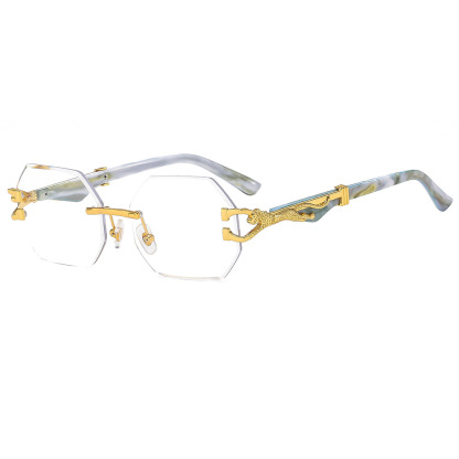 VINTAGE RIMLESS POLYGONAL METAL LEOPARD SUNGLASSES