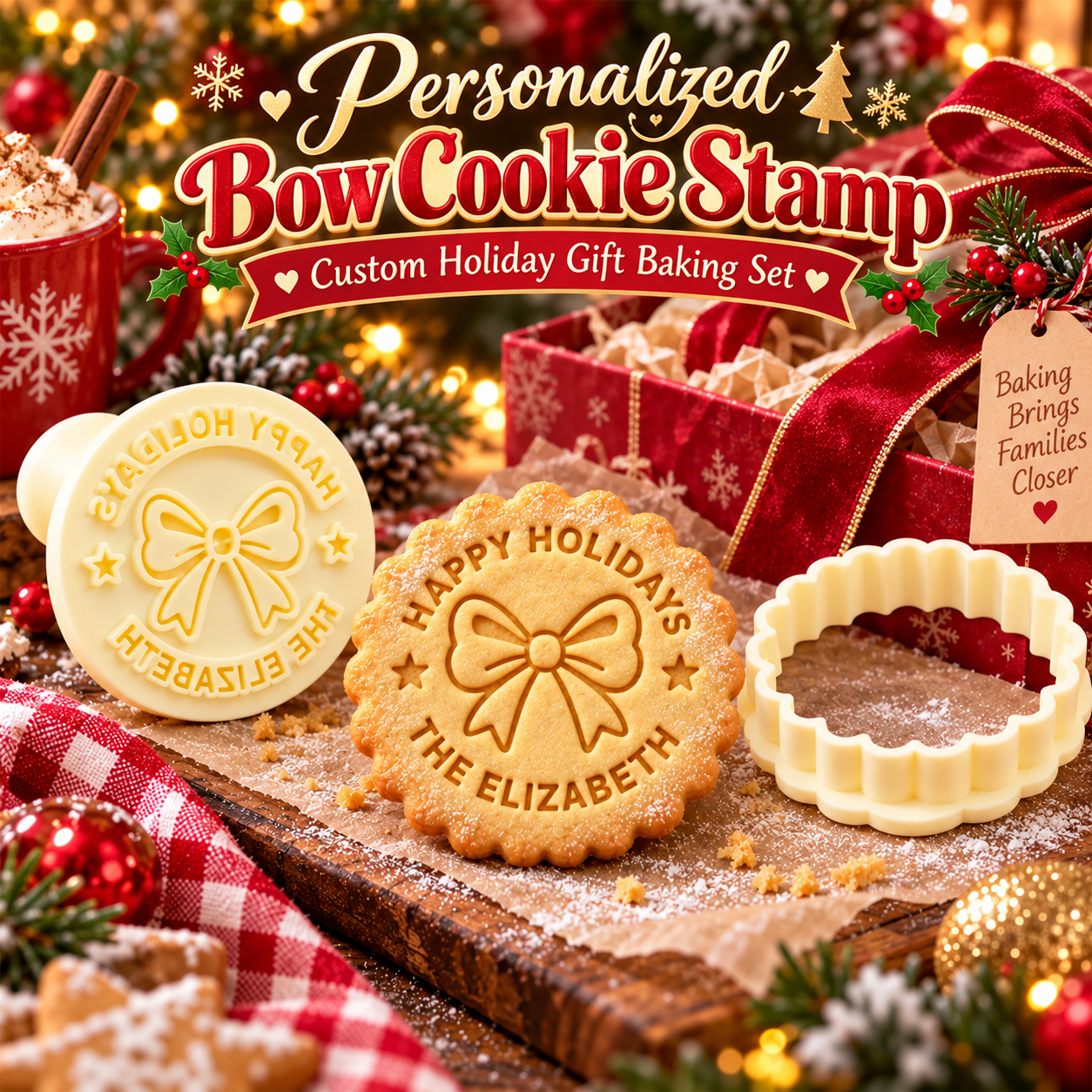 Personalized Bow Cookie Stamp, Custom Christmas Cookie Cutter for Holiday Gift Baking