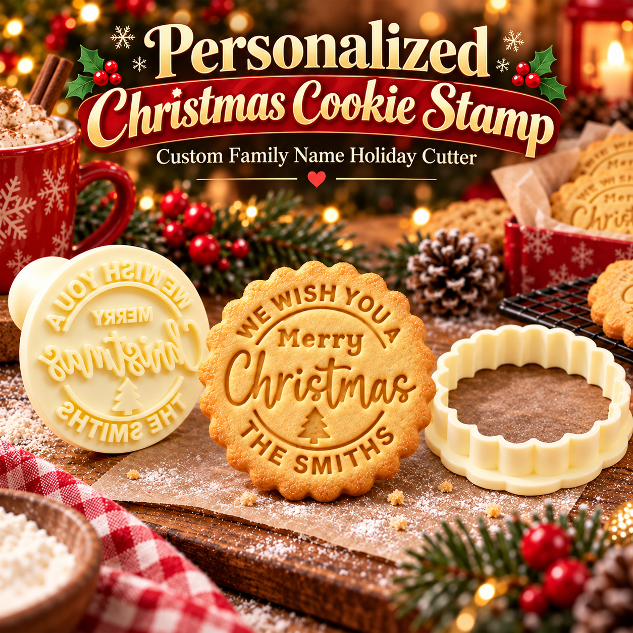Custom Merry Christmas Cookie Stamp, Personalized Family Name Cookie Cutter for Holiday Baking