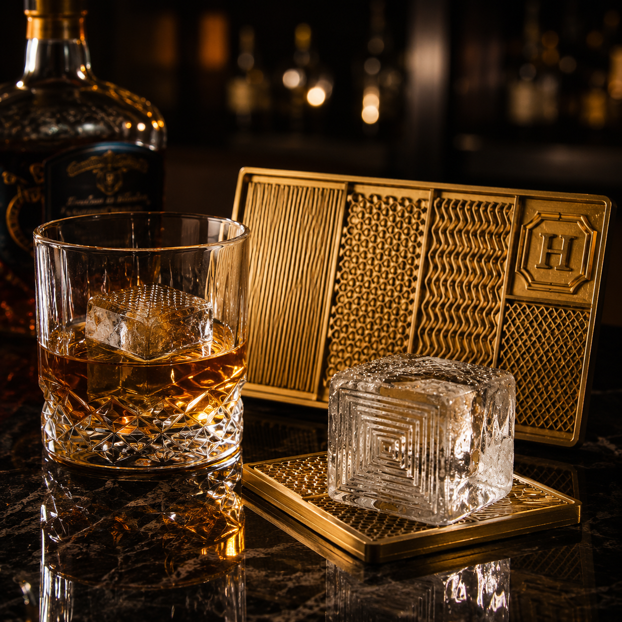 Personalized Brass Ice Plate for Branded Whiskey Cubes and Bar Displays