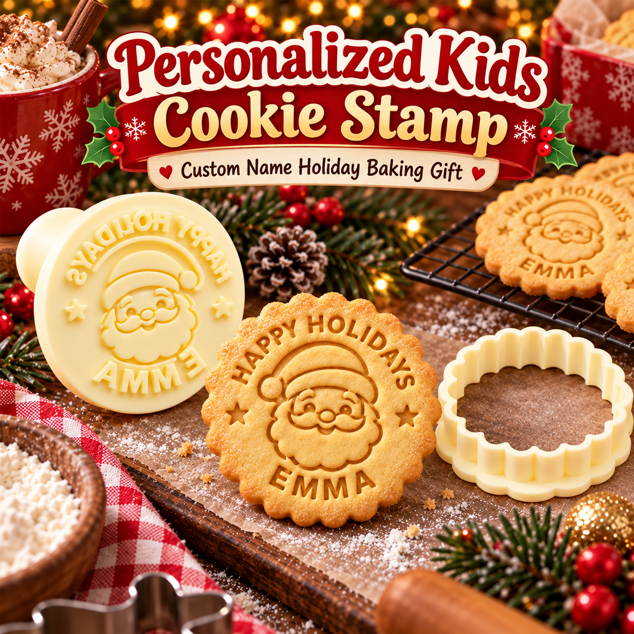 Custom Santa Christmas Cookie Stamp, Personalized Holiday Cookie Cutter for Family Baking