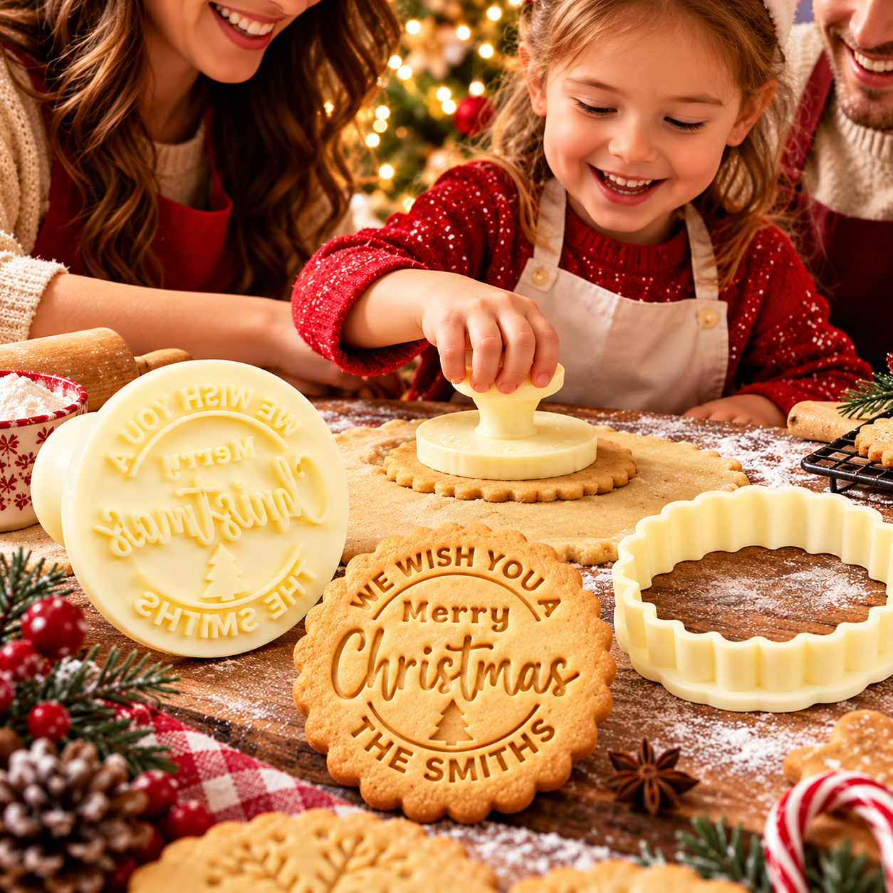 Personalized Christmas Cookie Cutter Stamp, Custom Family Name Holiday Cookie Press with Matching Cutter