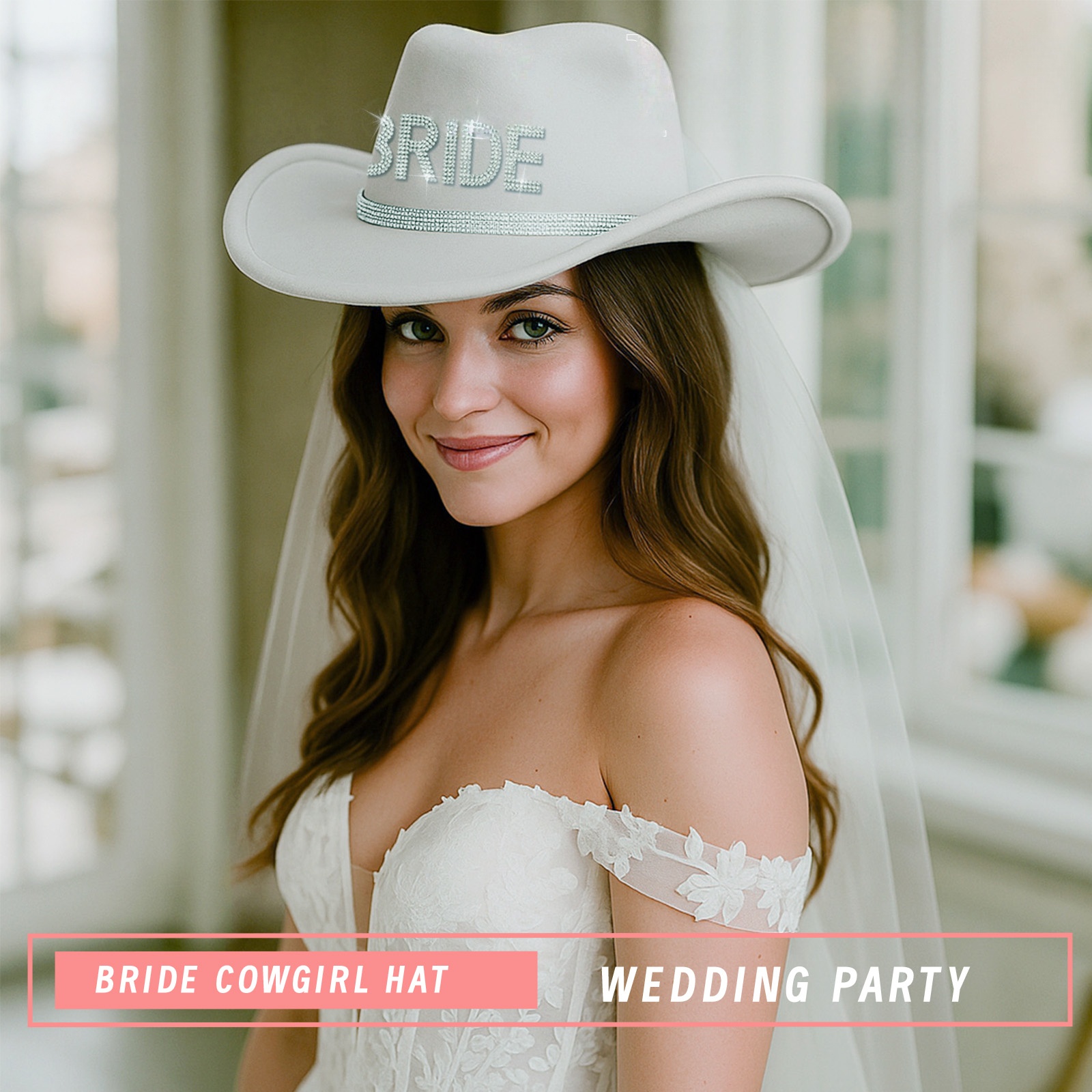 Bride Cowboy Hat with Veil Custom Cowgirl Hats for Women Western Rhinestone Bride Cowgirl Hat Bachelorette Party Accessories