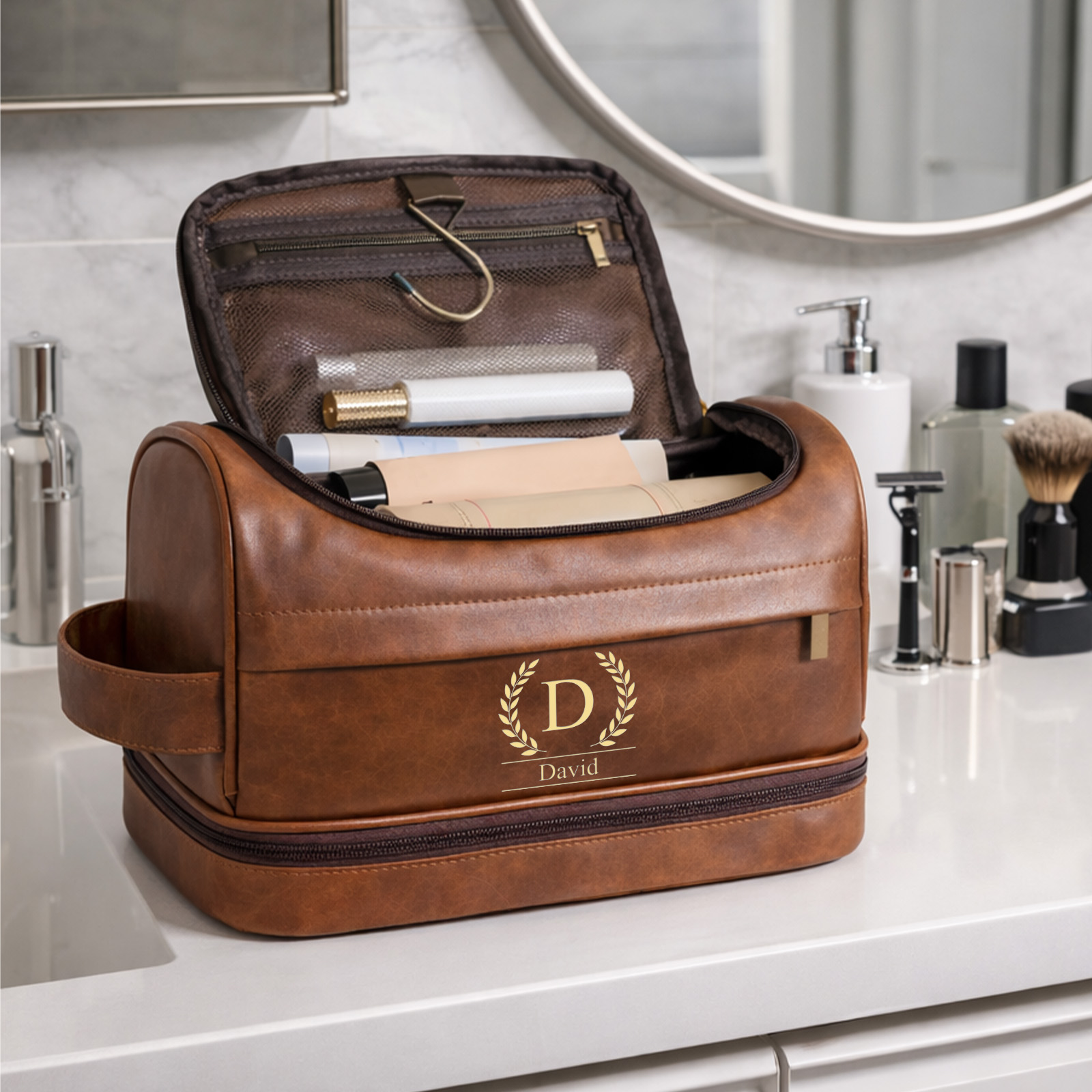Personalized Baseball Leather Dopp Kit - Laser Engraved Toiletry Bag