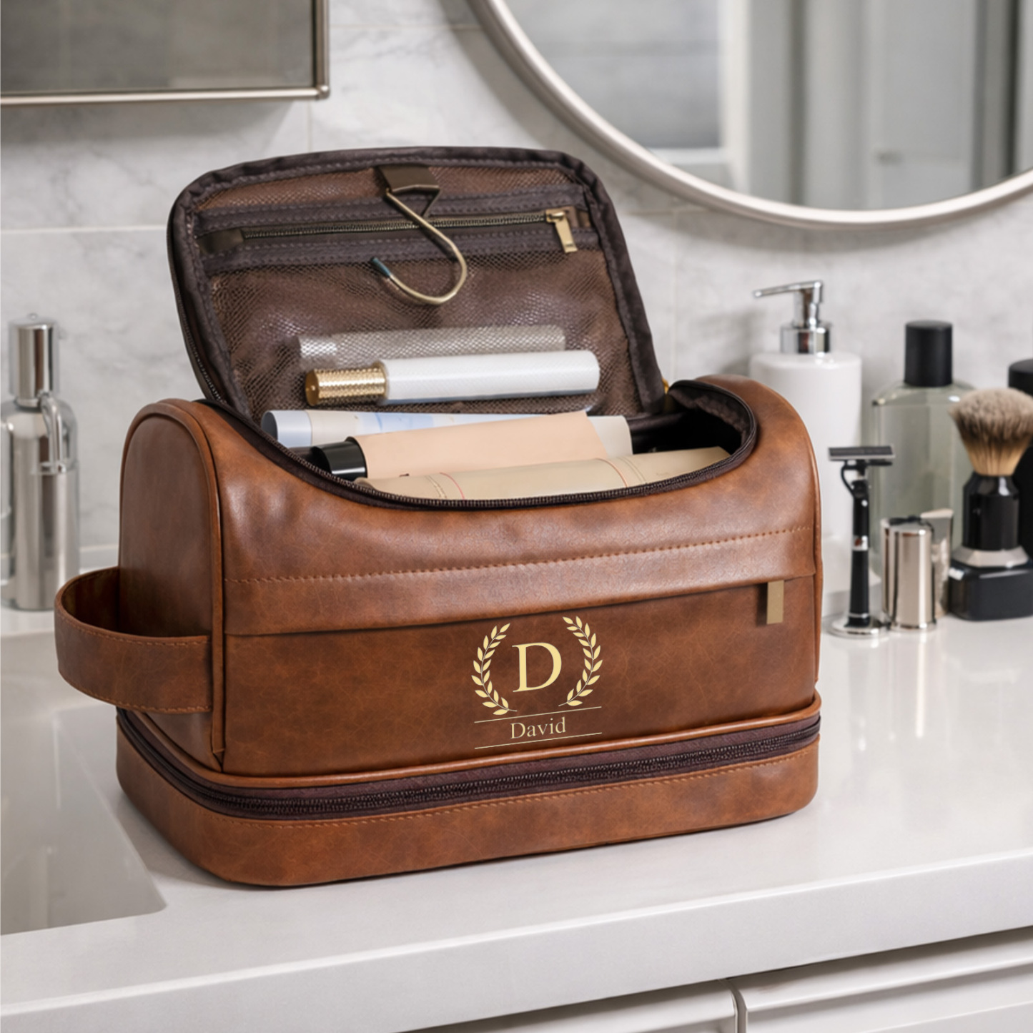 Personalized Baseball Leather Dopp Kit - Laser Engraved Toiletry Bag