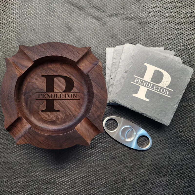 Personalized Name Walnut Cigar Ash Tray Personalized Cigar Cutter For Dad, Groomsman Gift Proposal Custom Cigar Accessories For Him