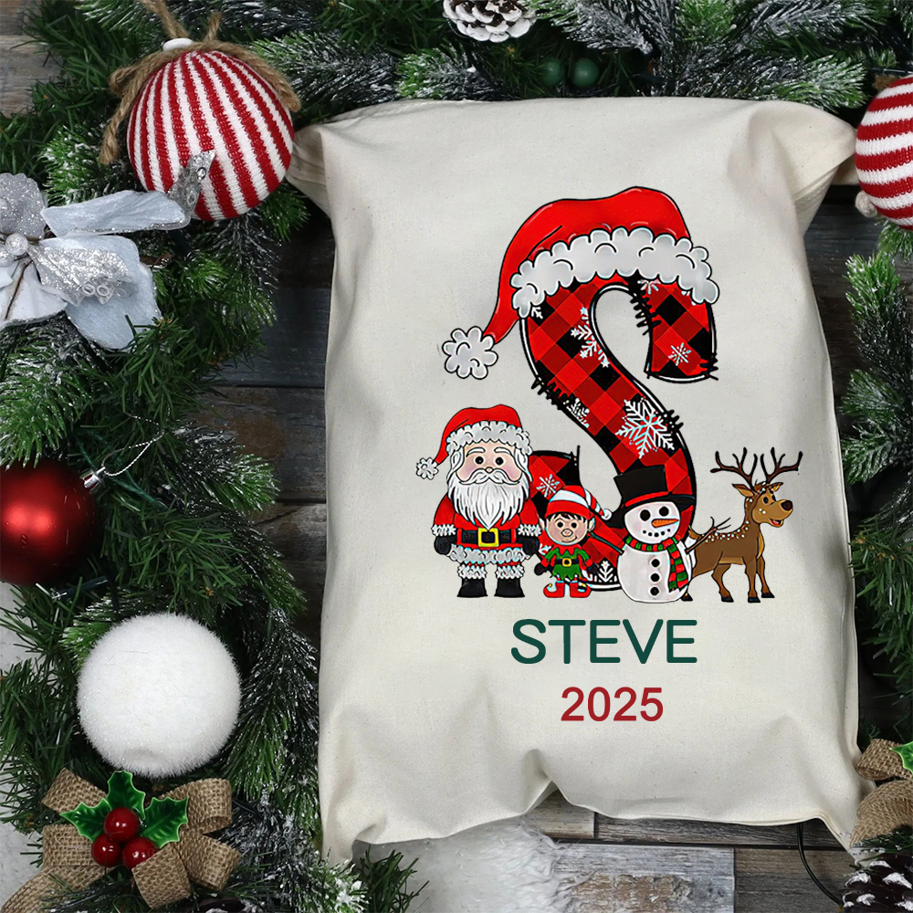 Personalized Christmas Santa Sack with Name & Initial, Custom Gift Bag with Santa Reindeer Snowman, Holiday Present Bag for Kids & Family