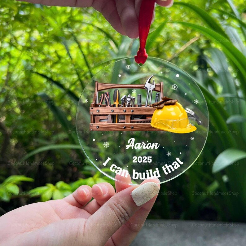 Carpenter Acrylic Ornament, Personalized Carpenter Gift, Construction Ornament, Handyman Gift, Mr Fix it Ornament, Tool Box Woodworker