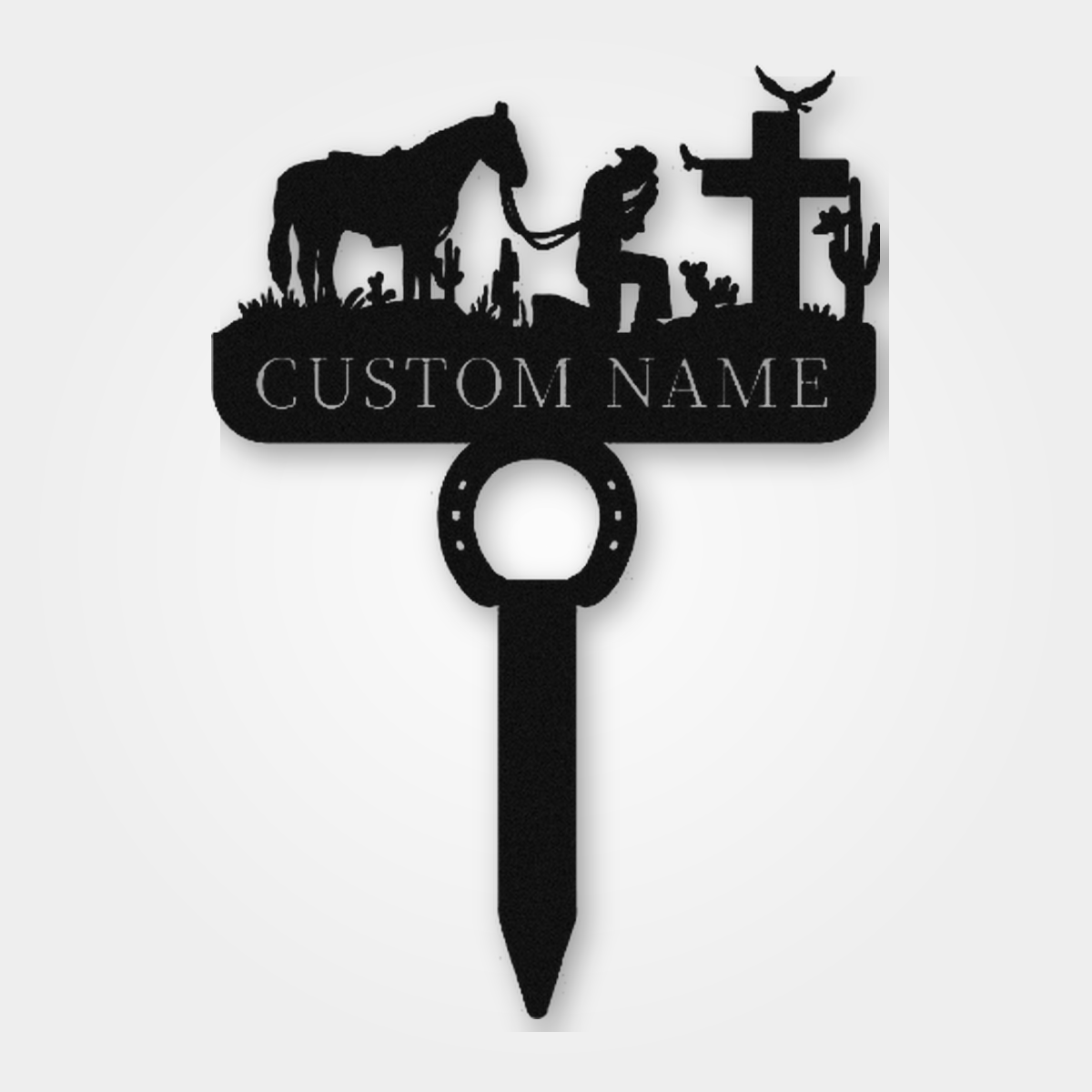 Personalized Praying Cowboy Horse Memorial Cross Stake Grave Marker, Custom Horse Memorial Grave Marker with Horseshoe Stake, Customized Horse Remembrance Garden Marker Metal Sign