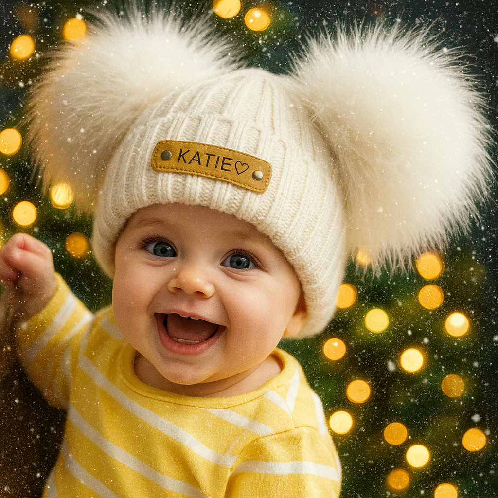 Baby First Christmas Gift Personalized Name Pom Pom Hat Personalized Baby Beanie,Newborn Baby Beanie Hat Toddler Hat Kids Engraved Name Winter Hat