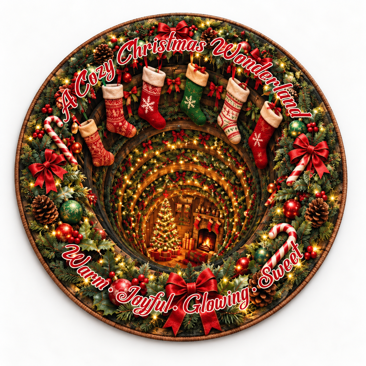 Christmas 3D Vortex Optical Illusion Round Rug Non-Slip Decorative Floor Mat, Winter Snow Forest Deer Snowman Vintage Red Truck Cabin Wreath Pattern, Indoor Holiday Home Decor Gift For Family, Christmas Enthusiasts