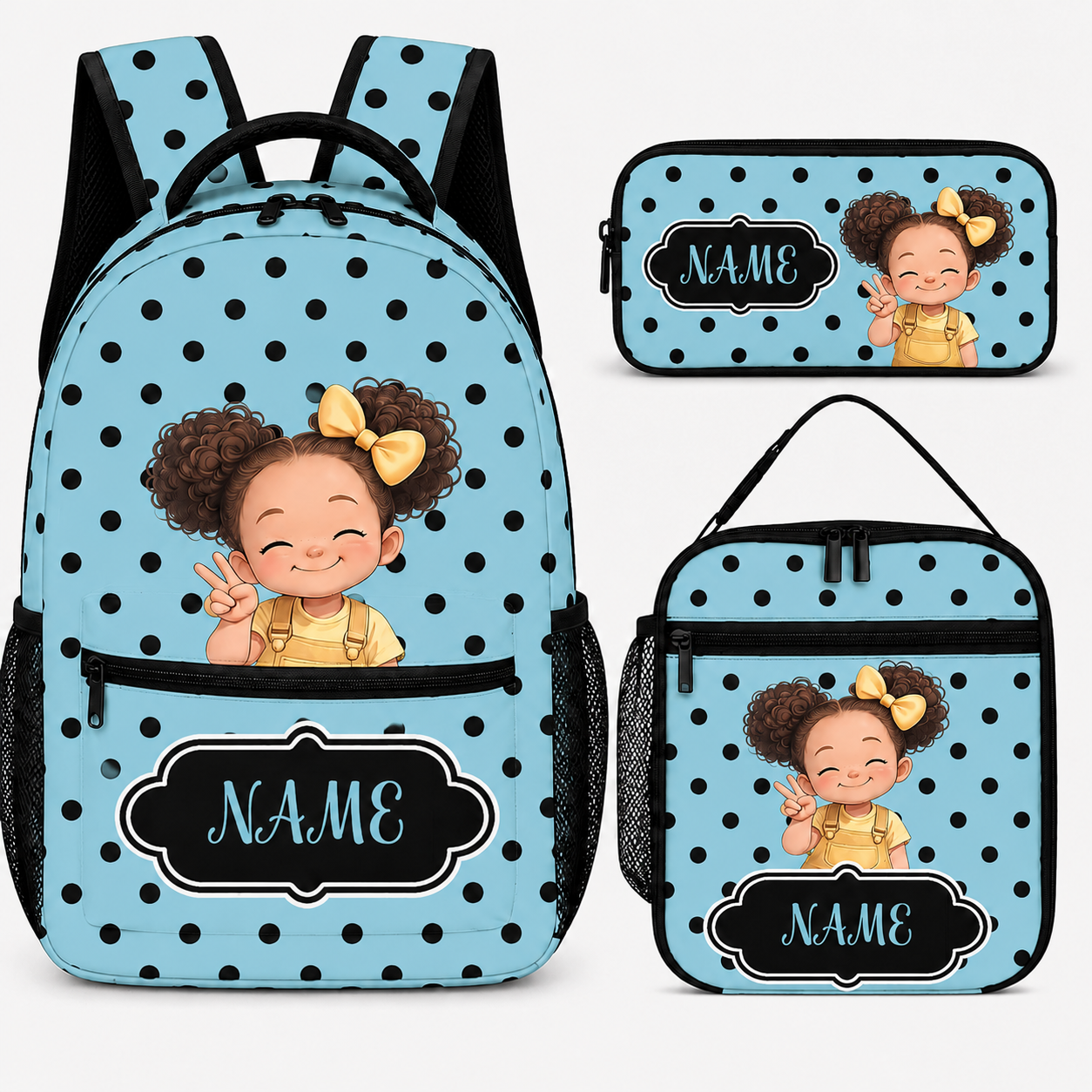 Personalized Cute Cartoon Black Girl Backpack Lunch Bag Pencil Case Set with Name Back-To-School Birthday Gift for Girls