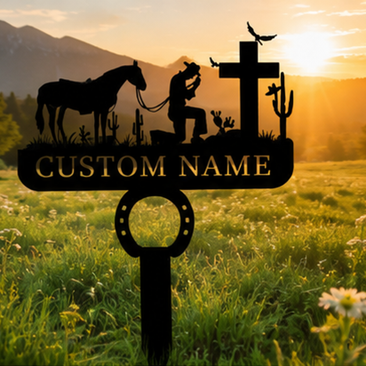 Personalized Praying Cowboy Horse Memorial Cross Stake Grave Marker, Custom Horse Memorial Grave Marker with Horseshoe Stake, Customized Horse Remembrance Garden Marker Metal Sign