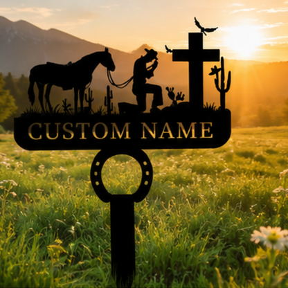 Personalized Praying Cowboy Horse Memorial Cross Stake Grave Marker, Custom Horse Memorial Grave Marker with Horseshoe Stake, Customized Horse Remembrance Garden Marker Metal Sign