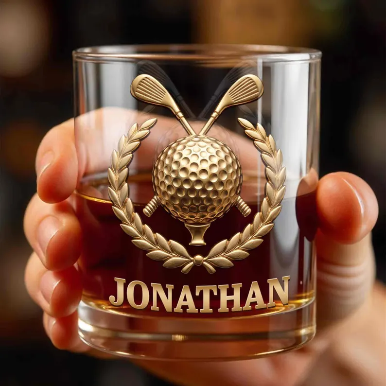 Custom Golf Whiskey Glass 2D Flat, Personalized Golfer Tumbler, Golf Dad Gift, Bourbon Glass for Golf Lovers, Father's Day Gift