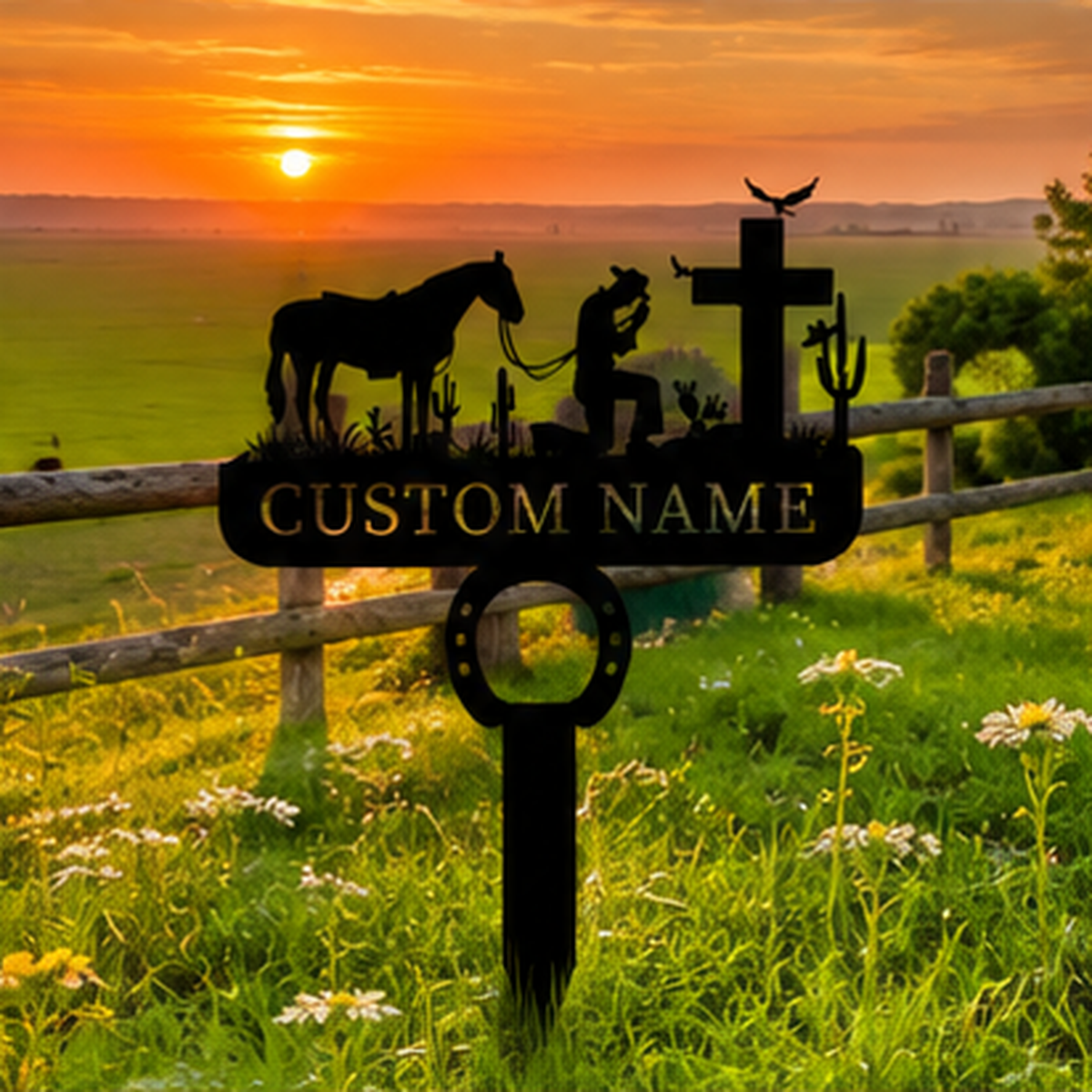 Personalized Praying Cowboy Horse Memorial Cross Stake Grave Marker, Custom Horse Memorial Grave Marker with Horseshoe Stake, Customized Horse Remembrance Garden Marker Metal Sign