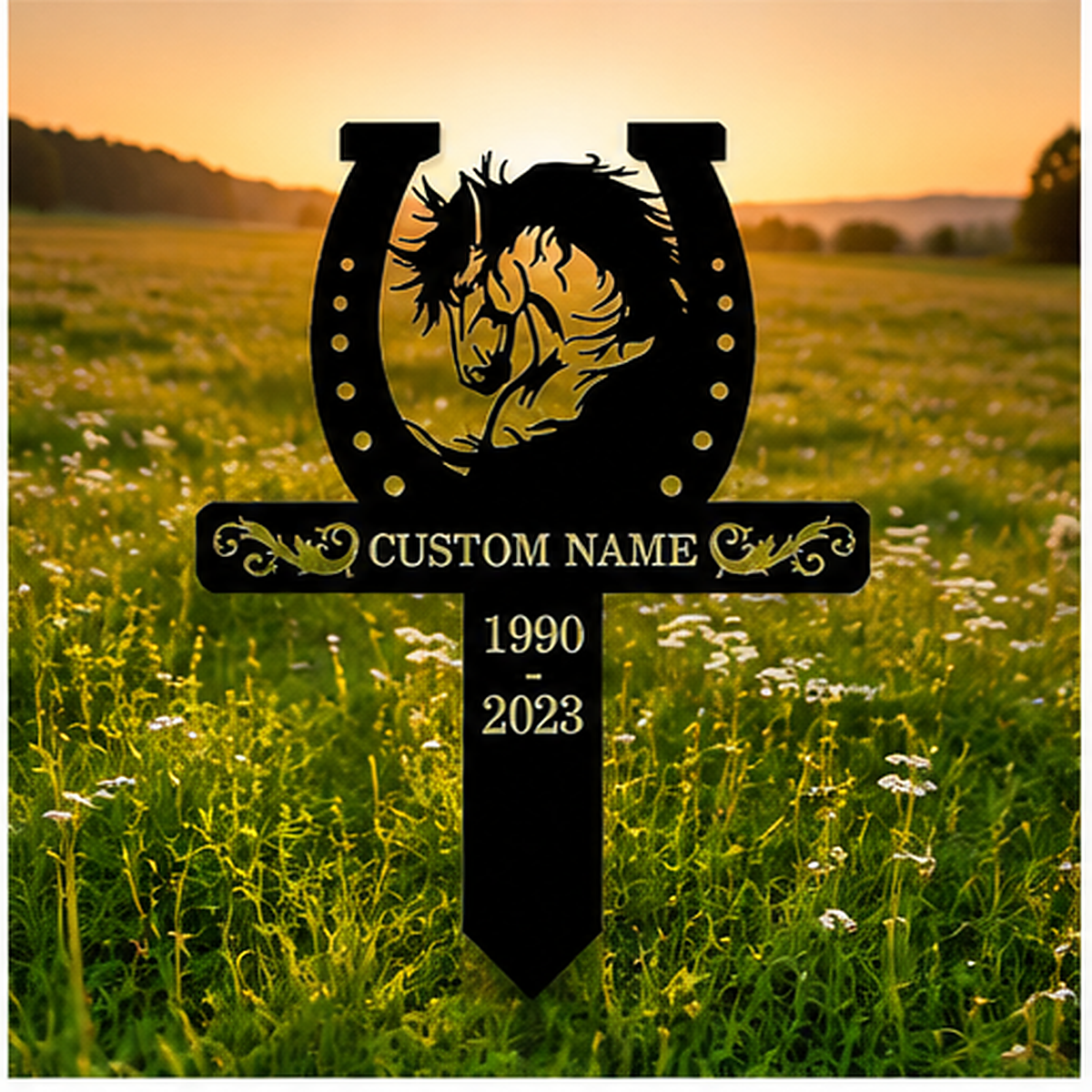 Personalized Horseshoe Horse Memorial Stake Grave Marker, Custom Pet Horse Metal Grave Marker, Outdoor Horse Tombstone Headstone Horse Yard Stake, Customizd Horse Memorial Garden Stake