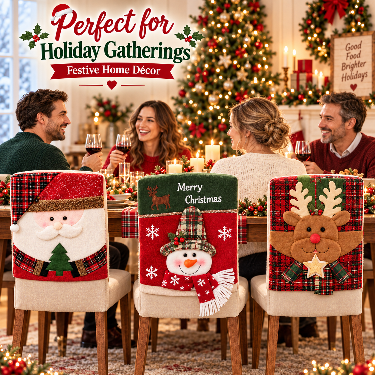 Personalized Christmas Chair Back Cover, Custom Name Santa Hat Slipcover, Gingerbread Gnome Chair Decor, Holiday Gift for Family