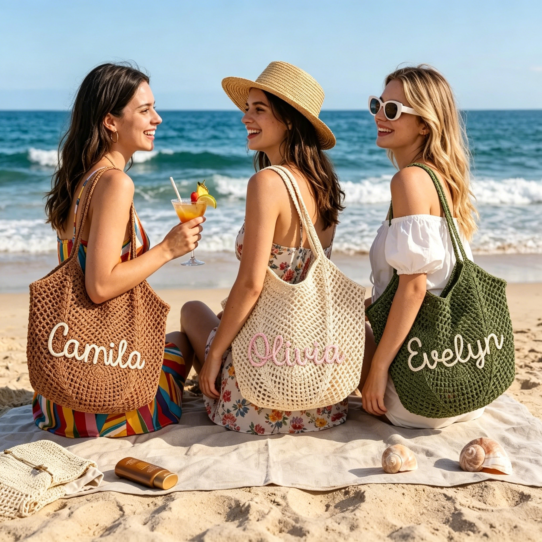 Custom Beach Bags, Personalized Crocheted Bride Tote Beach bags, Beach Vacation Wedding Favours, Mothers Day Gifts, Bridesmaid Gifts