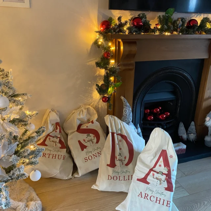 Personalized Christmas Santa Sack with Name & Initial, Custom Santa Gift Bag with Santa Claus Design, Holiday Present Sack