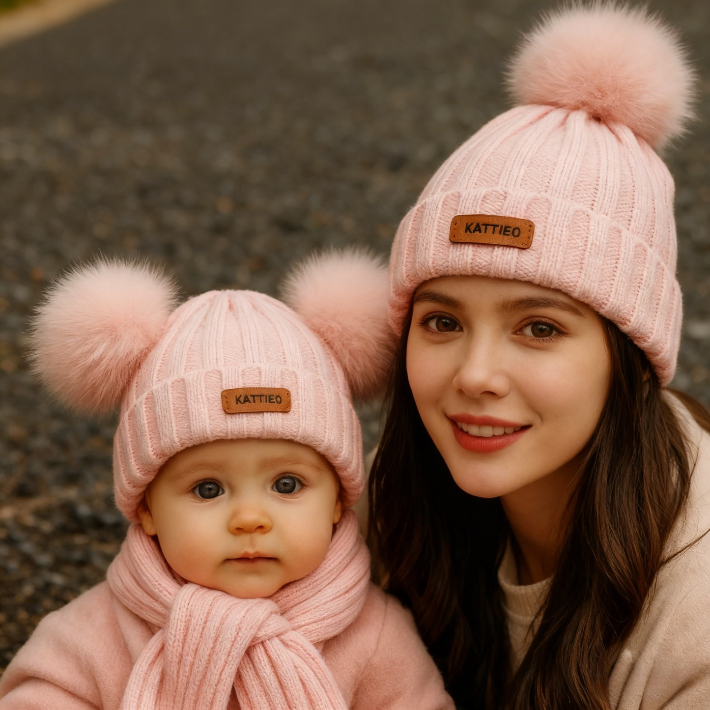 Personalized Mommy & Me Pom Pom Hats, Custom Baby Toddler Beanie, Family Matching Name Engraved Winter Hats
