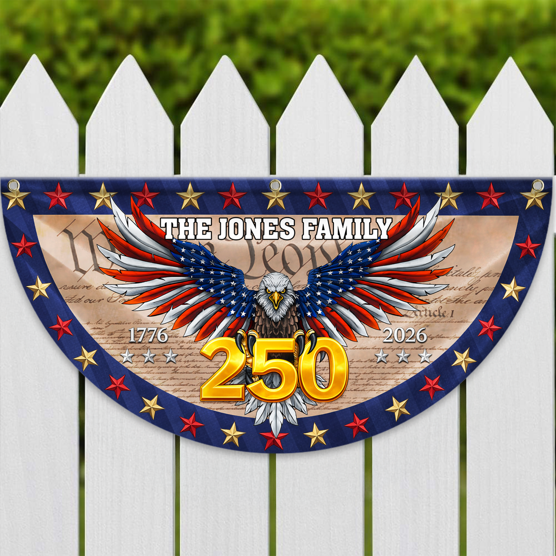 Personalized America 250th Anniversary Bunting Flag Custom Family Name American Flag - We The People Patriotic Eagle Non-Pleated Fan Flag