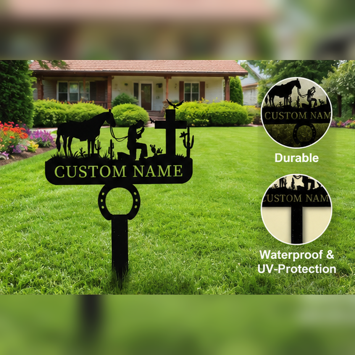 Personalized Praying Cowboy Horse Memorial Cross Stake Grave Marker, Custom Horse Memorial Grave Marker with Horseshoe Stake, Customized Horse Remembrance Garden Marker Metal Sign