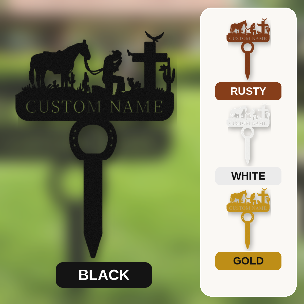 Personalized Praying Cowboy Horse Memorial Cross Stake Grave Marker, Custom Horse Memorial Grave Marker with Horseshoe Stake, Customized Horse Remembrance Garden Marker Metal Sign
